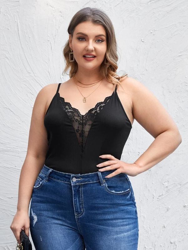 Ladies Plus Size Spaghetti Strap Contrast Lace Camisole Top