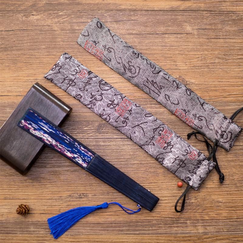 Long Decorative Storage Bag Drawing Chinese Cover Retro Folding Ancient Case Eastern Style Pouch Shape Hand String Fan Gift