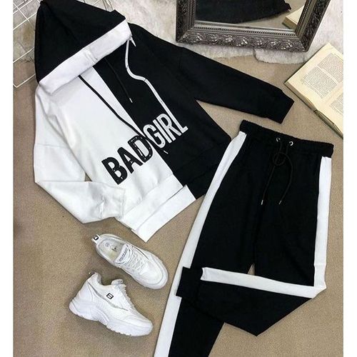 Off White And Black Bad Girl Designed Hoodie And Joggers