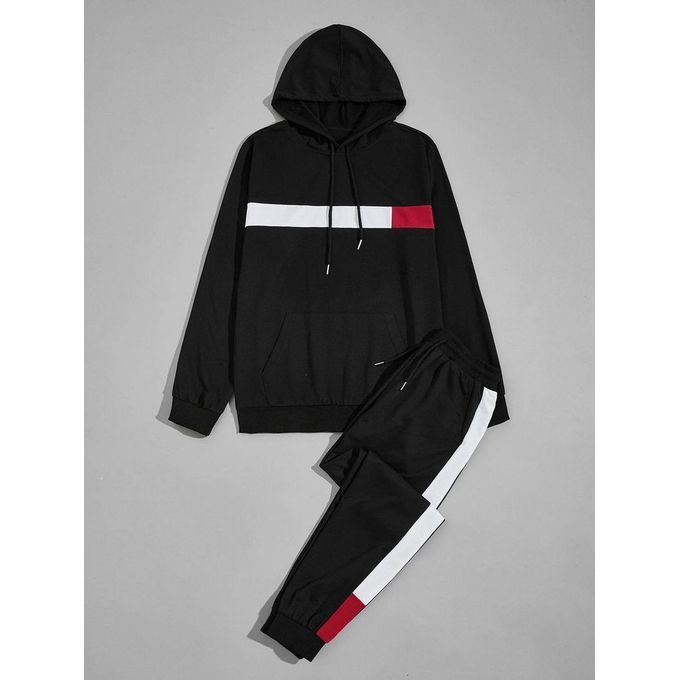 Unisex White, Red Stripe Hoodie And Black Joggers