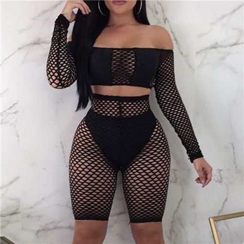 Women Ladies Crochet Mesh Long Sleeve See Through Mesh Fishnet Crop Night Sexy Tops Shorts Bottoms Set（#As The Picture Shows）