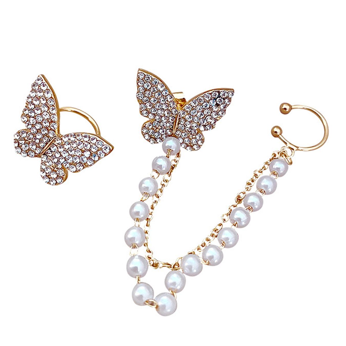 1 Pair Stud Earrings Butterfly Shape Shiny Rhinestone-Golden