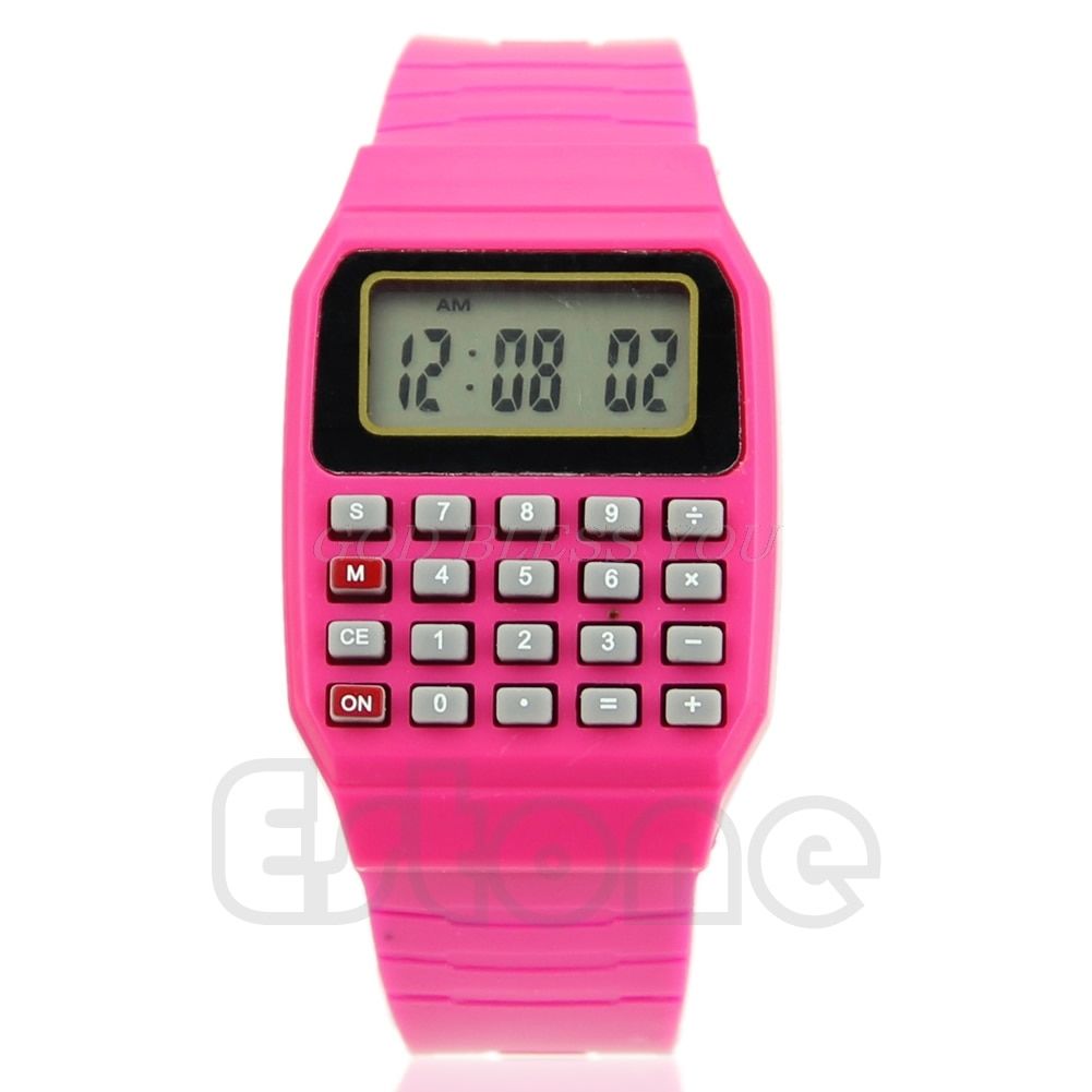 Fad Children Silicone Date Multi-Purpose Kids Electronic Calculator Wrist Watch Hot Pink