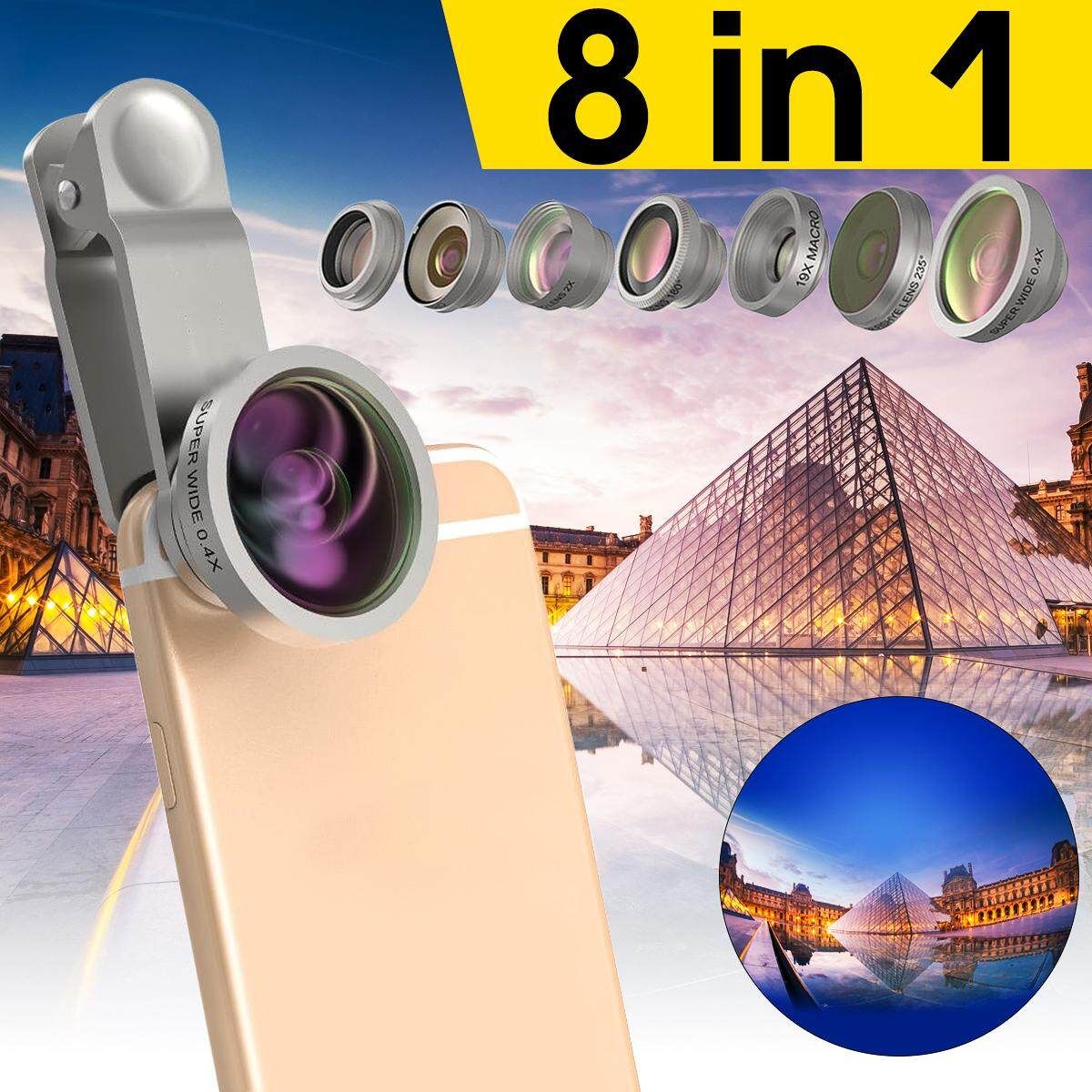 Universal 8in1 Clip-On Wide Angle+Super Fisheye+Macro Phone Camera Lens Kit