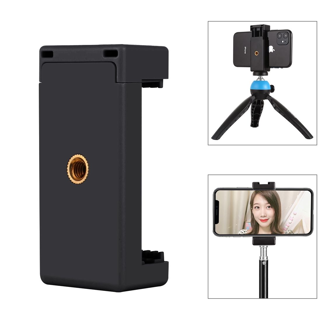 PULUZ Selfie Sticks Tripod Mount Phone Clamp With 1/4 Inch Screw Holes & Cold Shoe Base (Black)