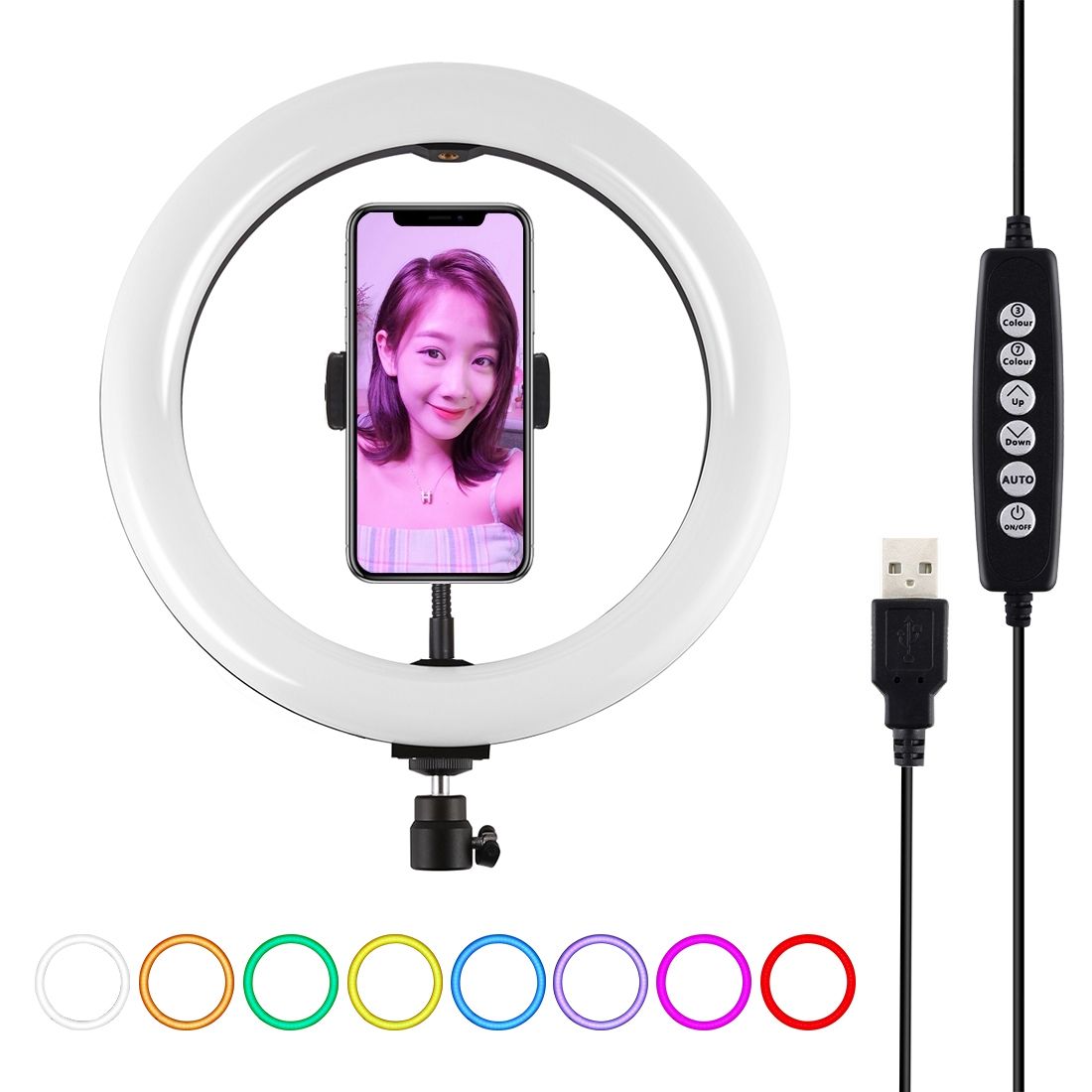 PULUZ 10.2 Inch 26cm USB 10 Modes 8 Colors RGBW Dimmable LED Ring Vlogging Photography Video Lights With Cold Shoe Tripod Ball Head & Phone Clamp(Black)
