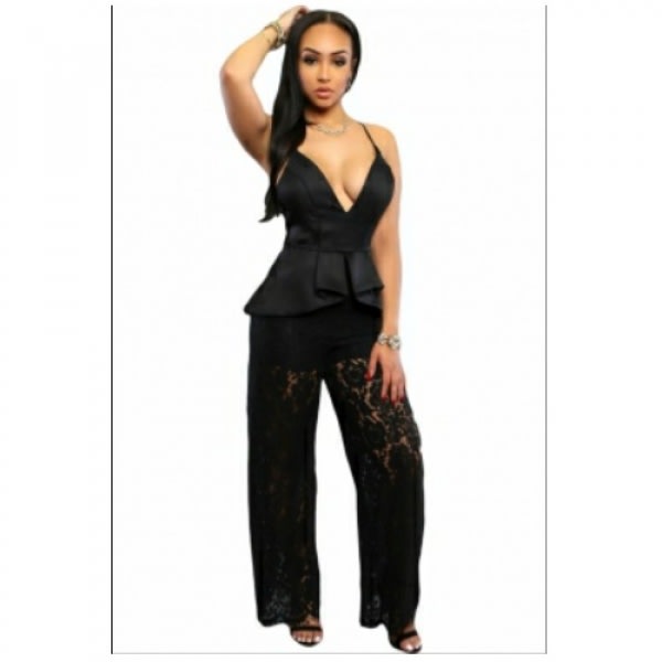 Spaghetti Lace Peplum Jumpsuit For Ladies - Black