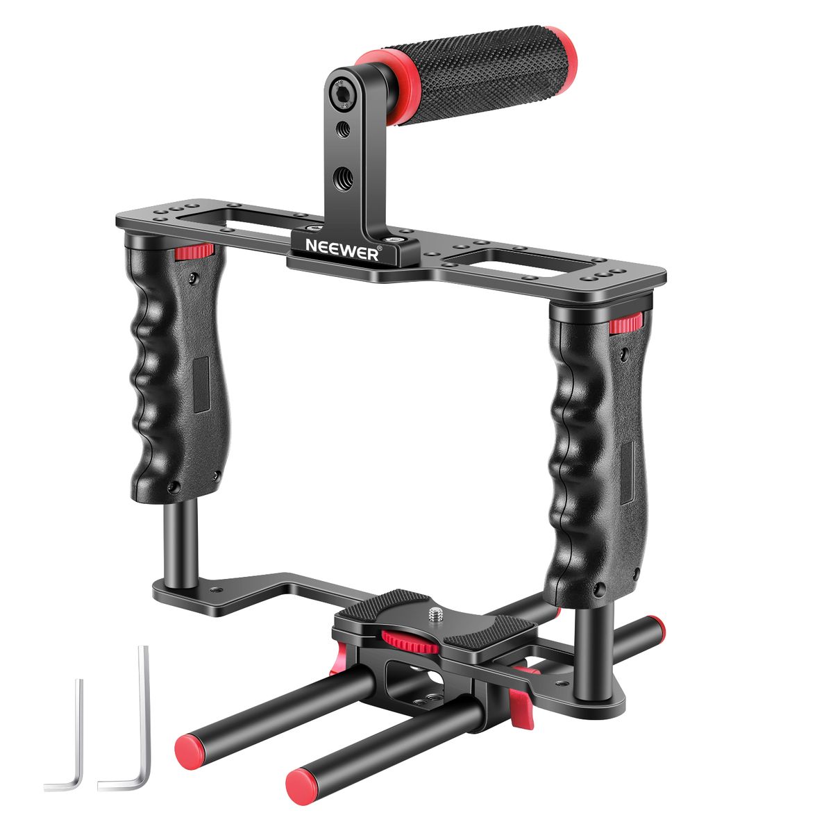 Aluminum Alloy Camera Video Cage Film Movie Making Kit, With Top Handle, Dual Hand Grip, Two 15mm Rods, Compatible With Canon, Sony, Fujifilm, And Nikon DSLR Camera And Camcorder (Black + Red)