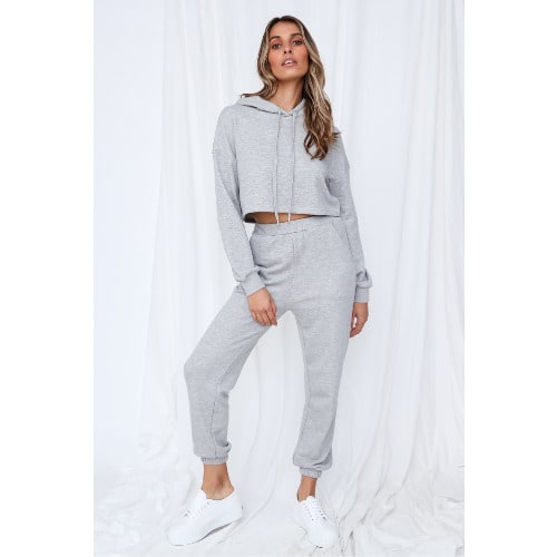 Women Grey Crop Top Hoodie And Jogger