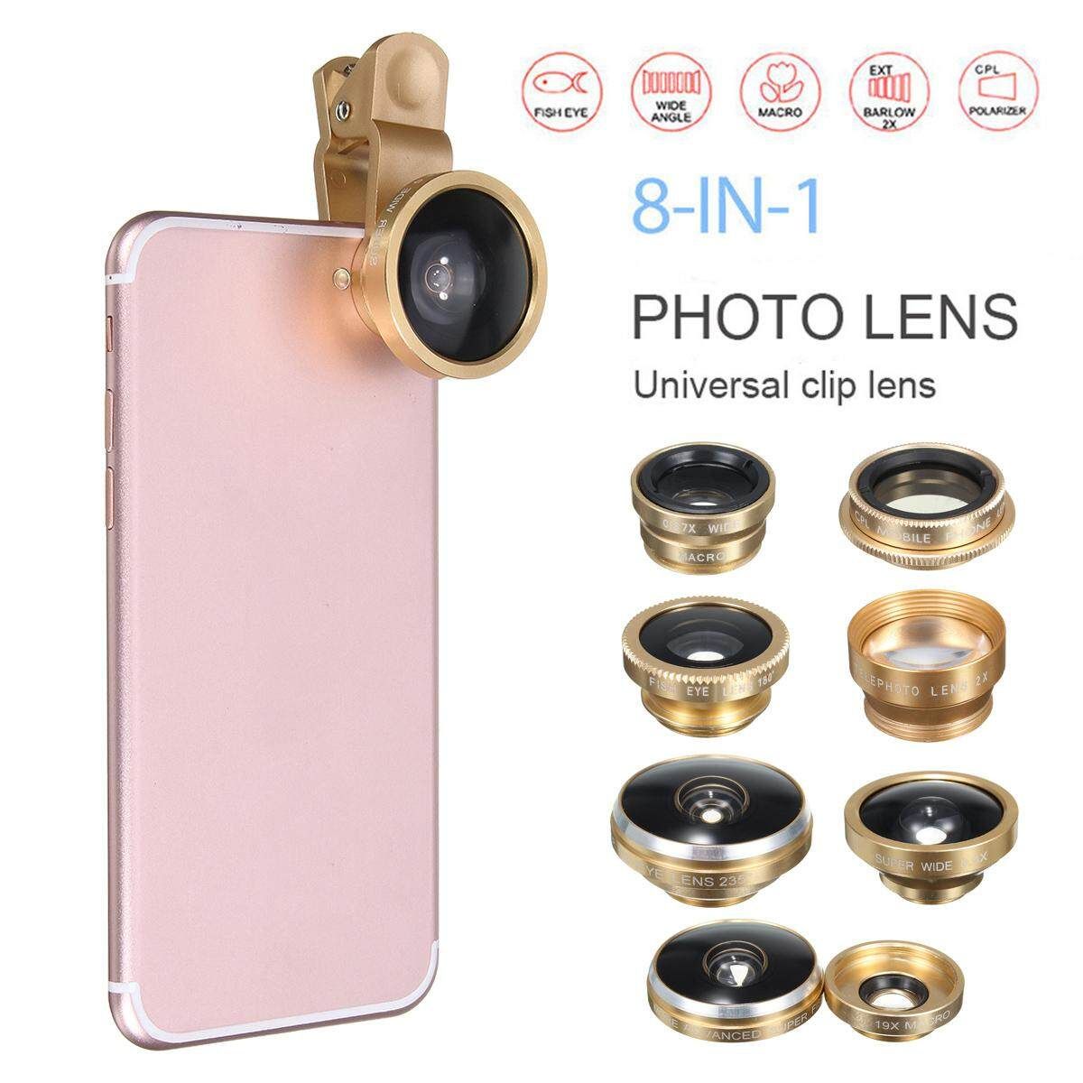 8-in-1 Super Fisheye With Wide Angle Microphone Lens Kit For Universal Cell Phones Gold