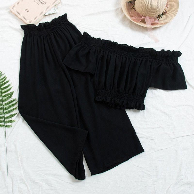 Heliar 2020 Spring Two Piece Out Fits Women Off Shoulder Jumpsuits Palazzo Playsuits Party Ruffle Strap Women Summer Jumpsuits（#BLACK）