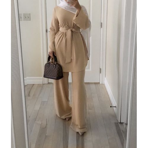 2pecs Set Blouse Wide Leg Pants Women Dubai Muslim Abaya Lace-up Solid Ropa De Mujer Kaftan UAE Islamic Clothing Turkey African（#Khaki）