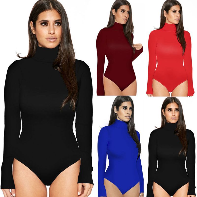 Womens Long Sleeve Bodysuit Stretch Ladies Leotard Body Tops Turtle Neck Jumpsuit(#Blue)