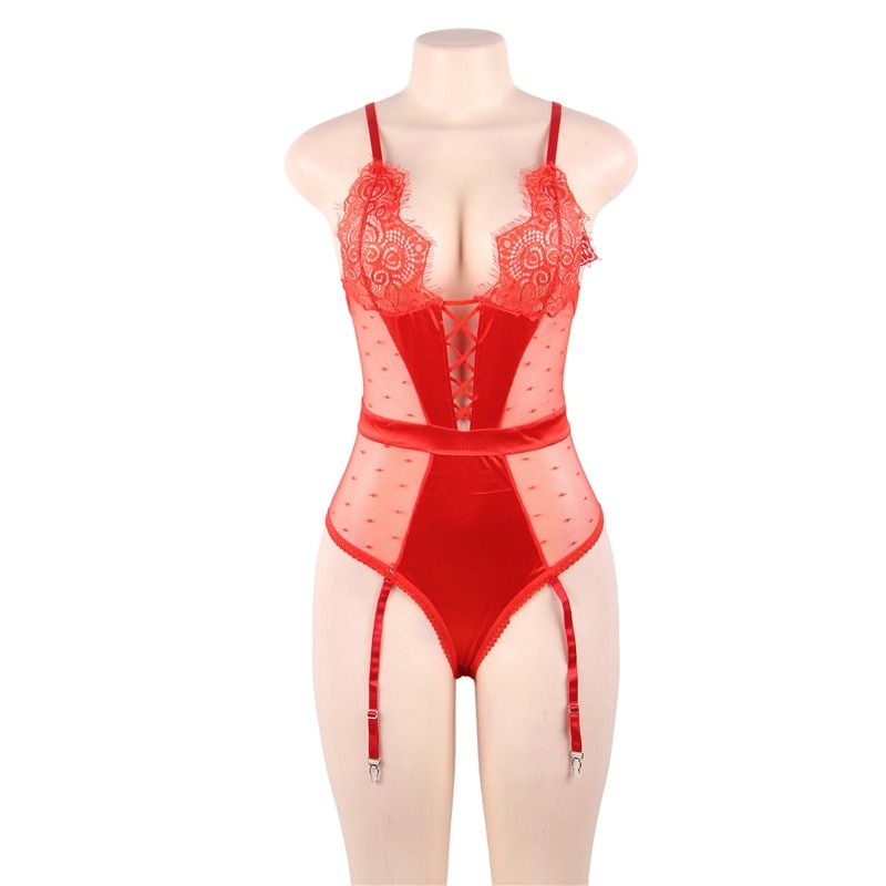 Teddies Bodysuit Women Lace Sheer Trim Bodysuits Ladies V Neck Sexy Women Overalls PlSize Rompers Transparent RW80651(#Red Body Suit)