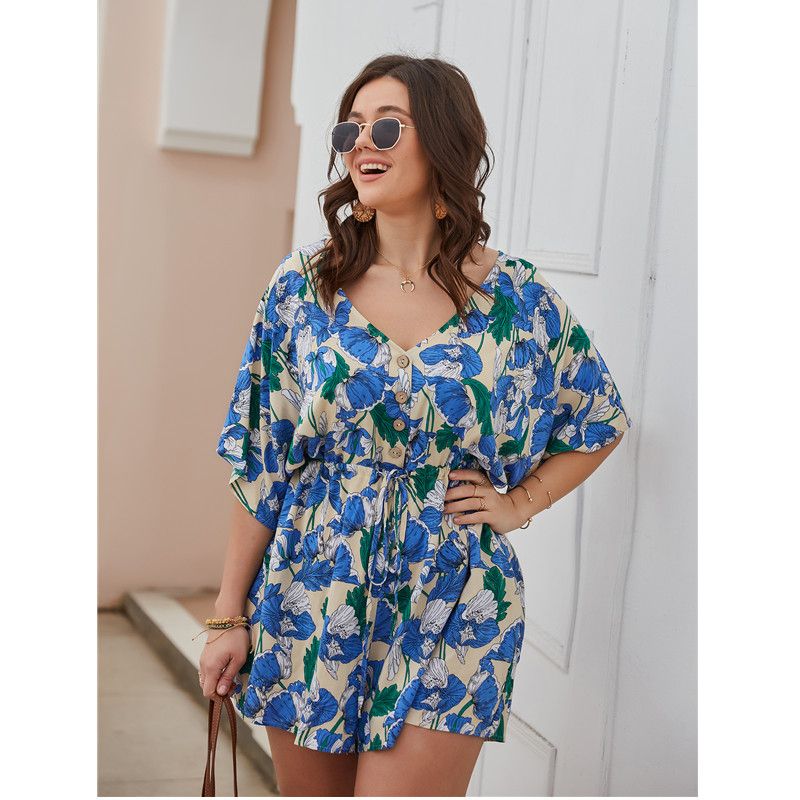 XL-4XL V Neck Short Sleeve Floral Print Plus Size Romper Jumpsuit Blue 2583