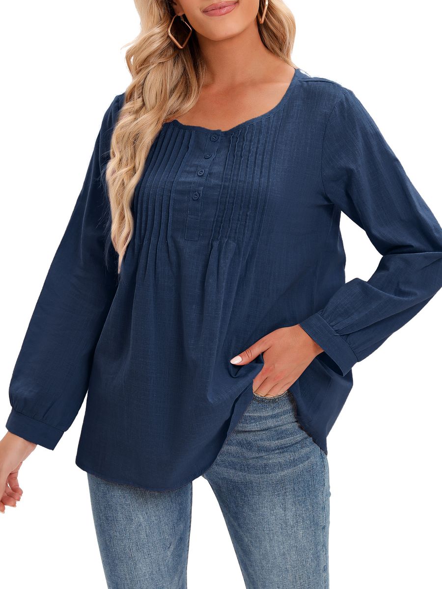 Casual Women Cotton Blouse O-Neck Long Sleeve Button Solid Loose Tee Shirt Tops-Blue