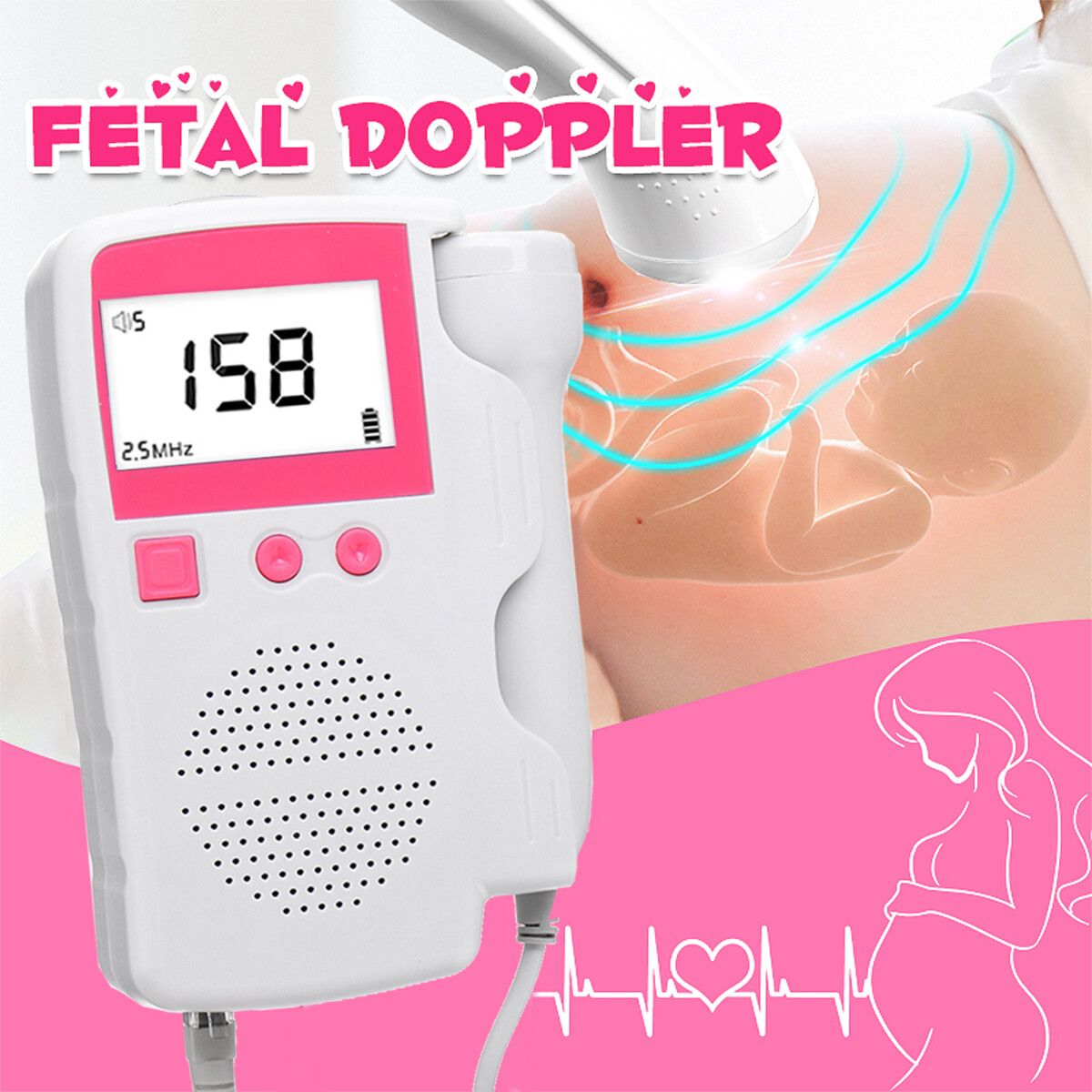 Heart Rate Pocket Fetal Doppler Ultrasound Baby Prenatal Scan Probe Heartbeat Sound Detector Accuracy ±2BPM