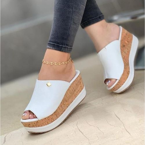 Ladies Newest Flat Fancy Slippers Women Fashion Slope Heel Slippers Casual Slippers Sandals Fish Mouth-White