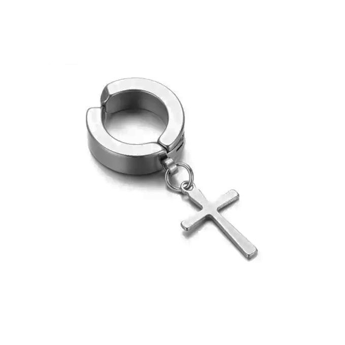 1PCS Of Silver Cross Hoop Pierce Dangle Earring For Men