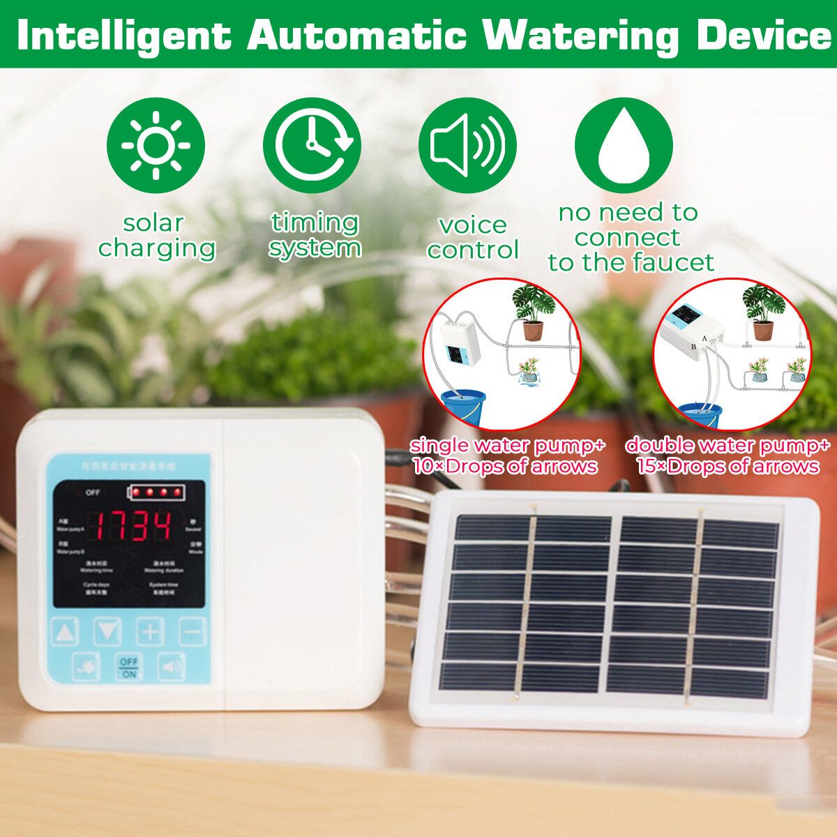 Solar USB Smart Automatic Watering System Intelligent Drip Irrigation Seepage Double Water Pump+15×Drops Of Arrows