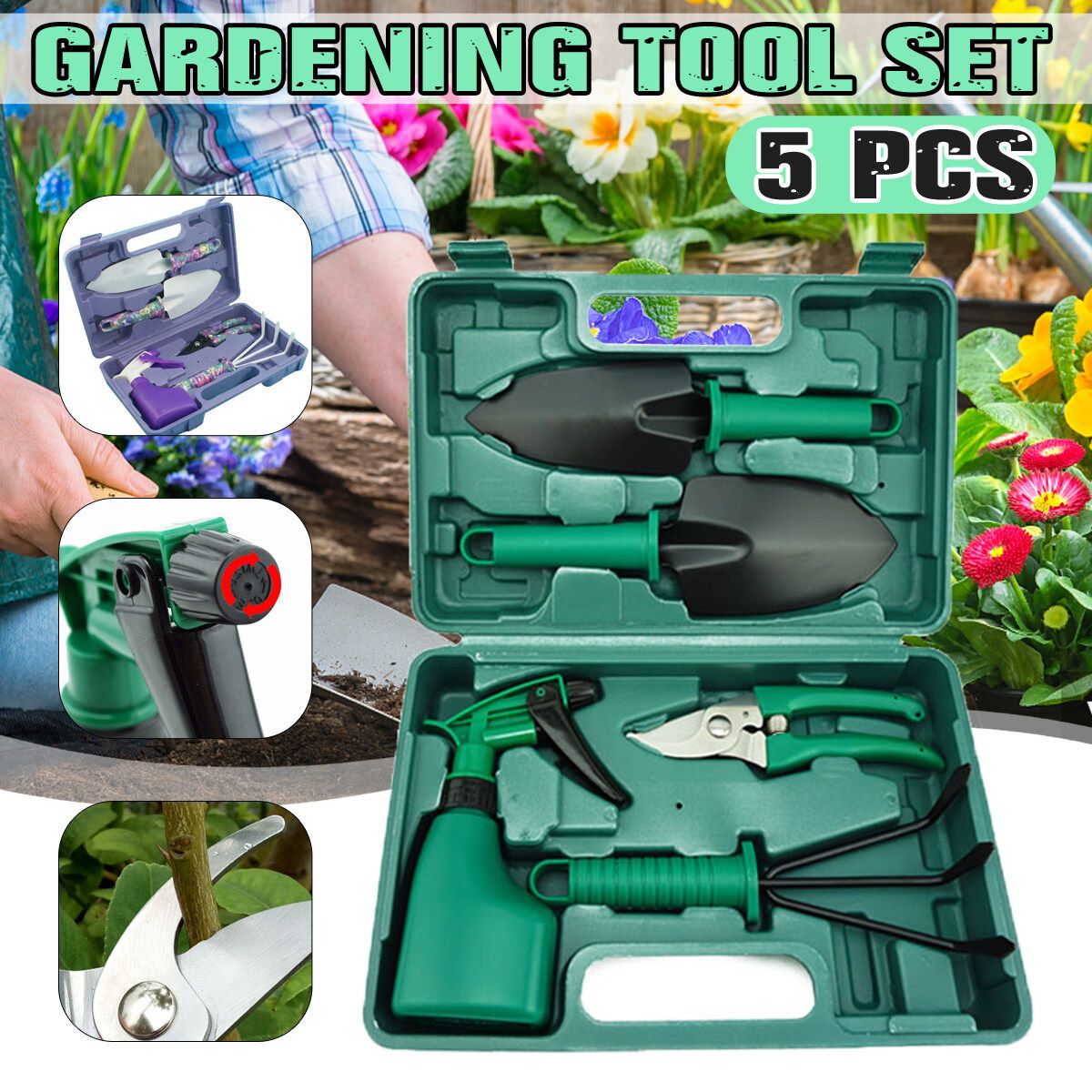 5PCS Garden Tool Set Grafting Pruning Shovel Rake Weeding Harrow Spray Bottle With Storage Box Household Multifunctional Kit Garden Planting Plastic Case Packing Deep Green