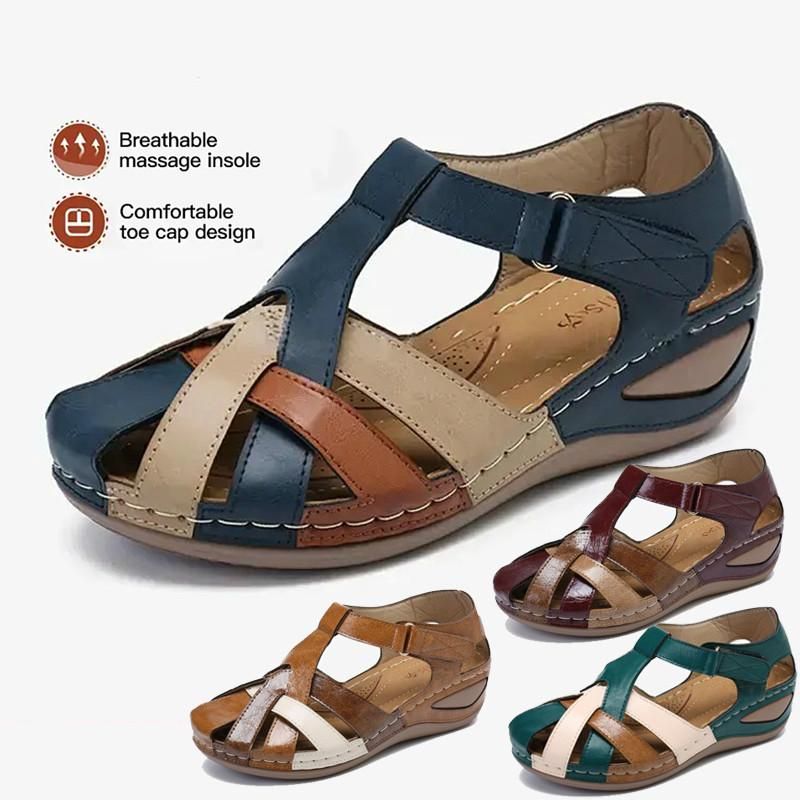 Women Leather Wedge Sandals(red）