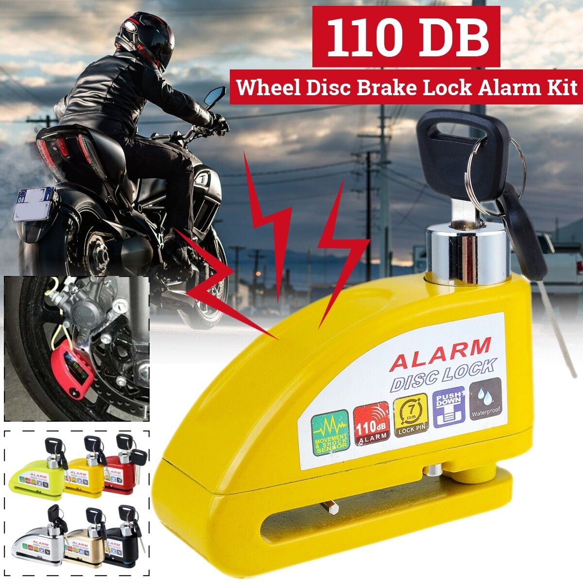 110DB Zinc Alloy 2020 / Aluminum Alloy 2018 Motorcycle Scooter Security Anti-theft Wheel Disc Brake Lock Alarm Kit Bronze