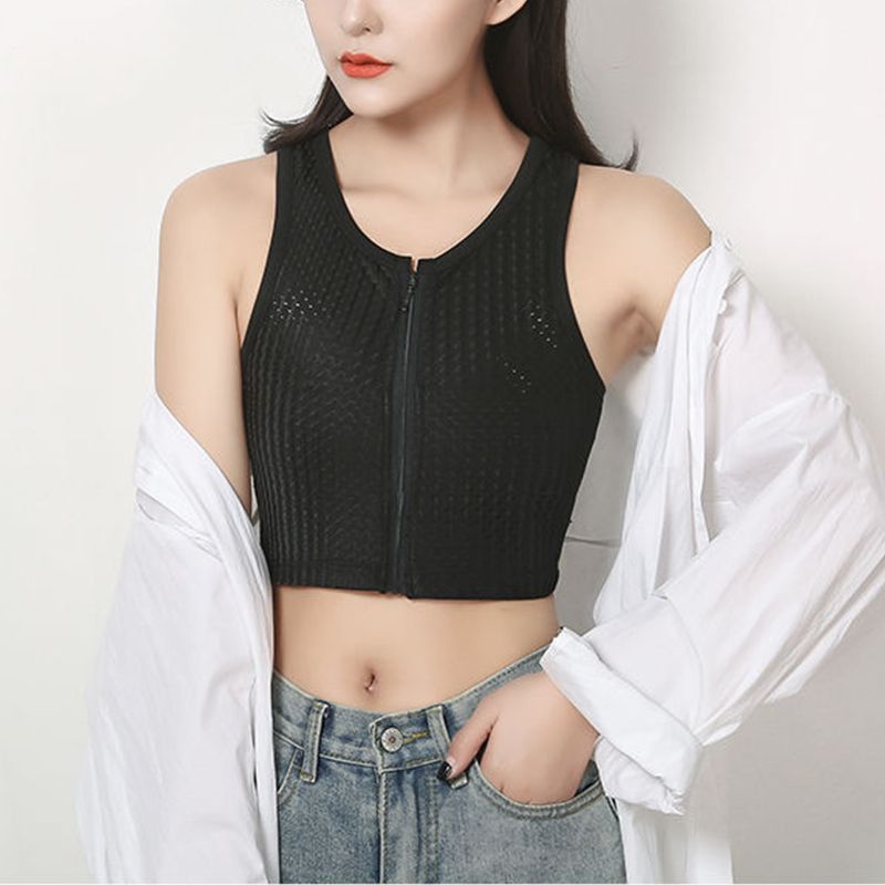 Women Tomboy Breathable Cotton Elastic Band Colors Chest Binder Tank Top Zipper Flat Breast Binder Les  Tomboy Bra S-6XL