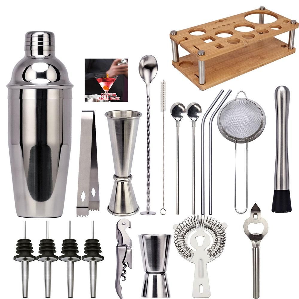 20pcs Bar Cocktail Set Shaker Drink Making Kit Stainless Steel Mixer Making Gift with Holder Base