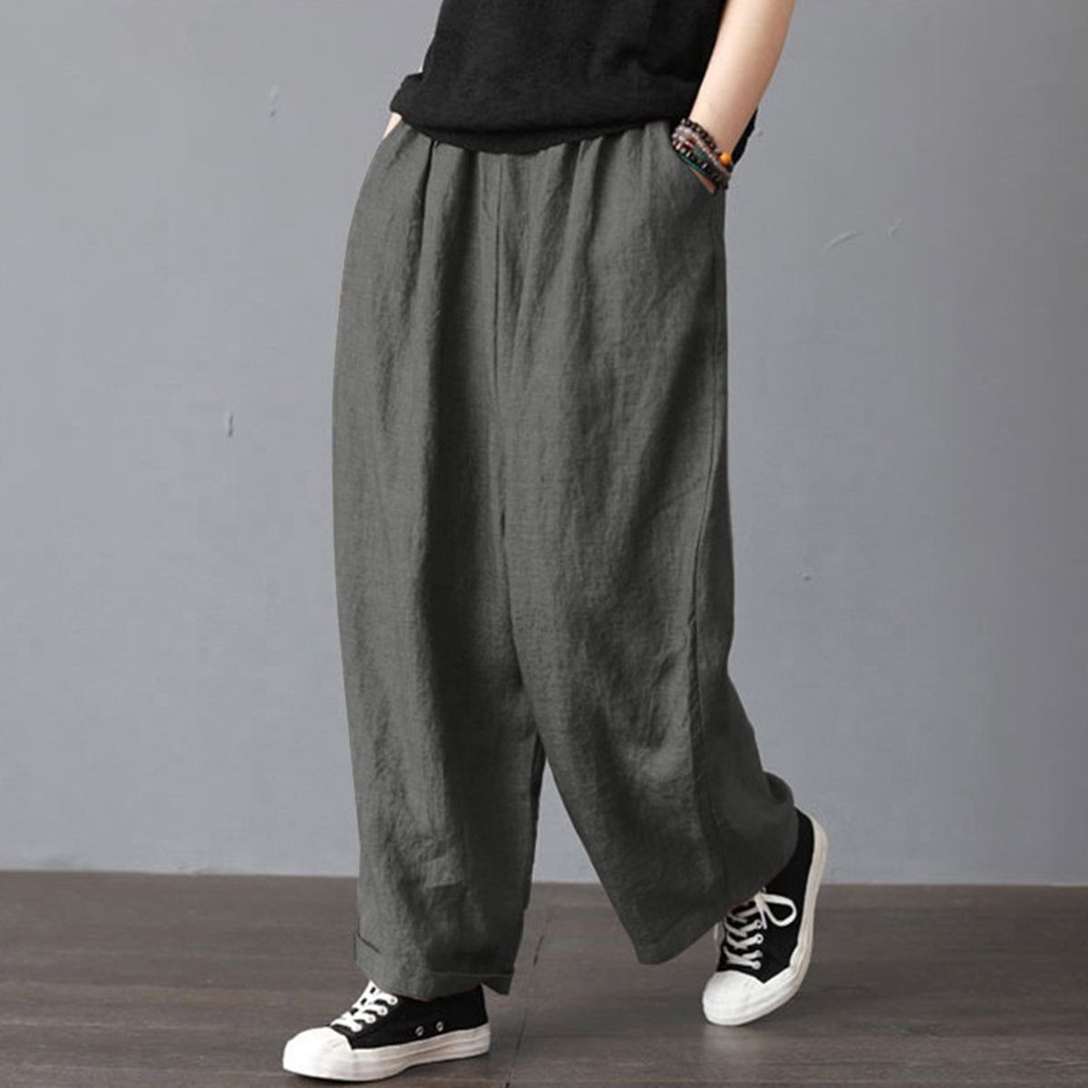 Women Cotton Linen Wide Leg Pants Elastic Waist Pockets Comfy Solid Loose Casual Trousers-grey