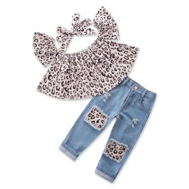 Girls Leopard Print Tube Top + Denim Trousers + Hair Band Set, Kid Size:90cm(Leopard)