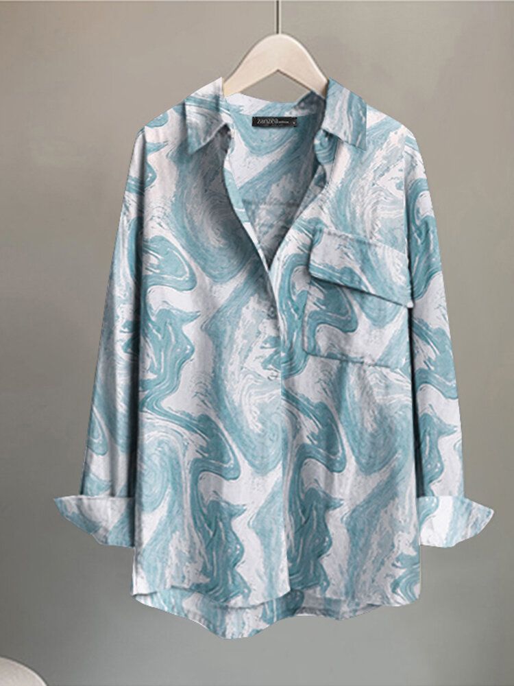 Wave Pattern Pocket Split Button Lapel Long Sleeve Blouse-Yellow