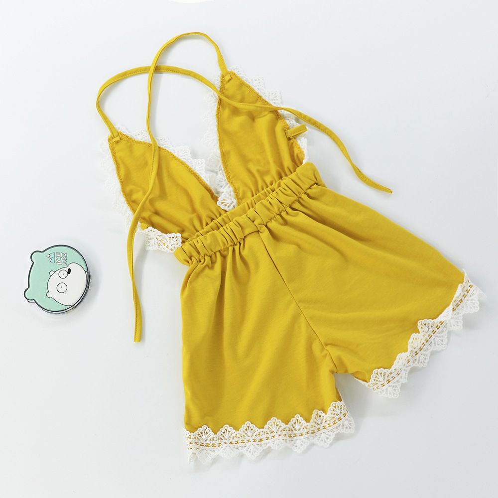 Summer Baby Girl Lace Trim Backless Romper Shorts Jumpsuit