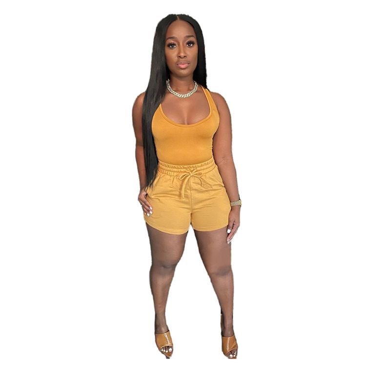 (Yellow)Summer Sleeveless Tank Top Shorts Set Two Piece Set Womens Outifits Jogger Suit Tracksuit Women Casual Party Club 2pcs Outfits GRE
