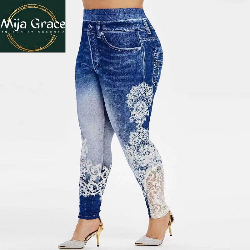 {MijaGrace} Women's High Elasticity Denim Printed LEGGINGS - Blue
