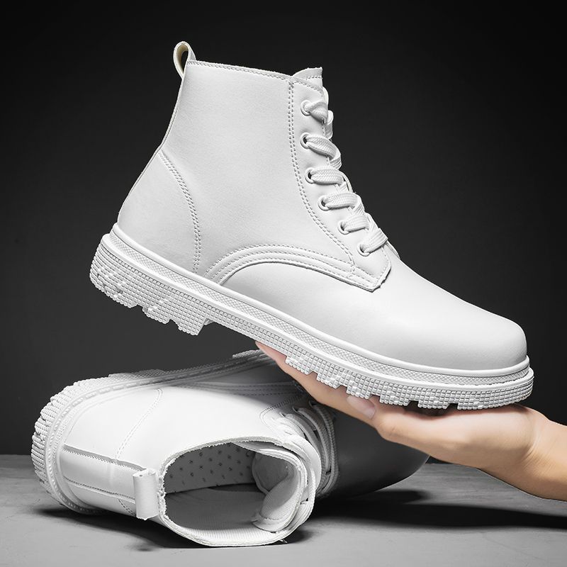 Winter Men Boots Waterproof Leather Shoes EUR Size 39-46 High Top Fashion Chukka Boots High Quality Motorcycle Ankle Boots Outdoor Work Casual Shoes Lace Up Non-slip Trend Western Boots White