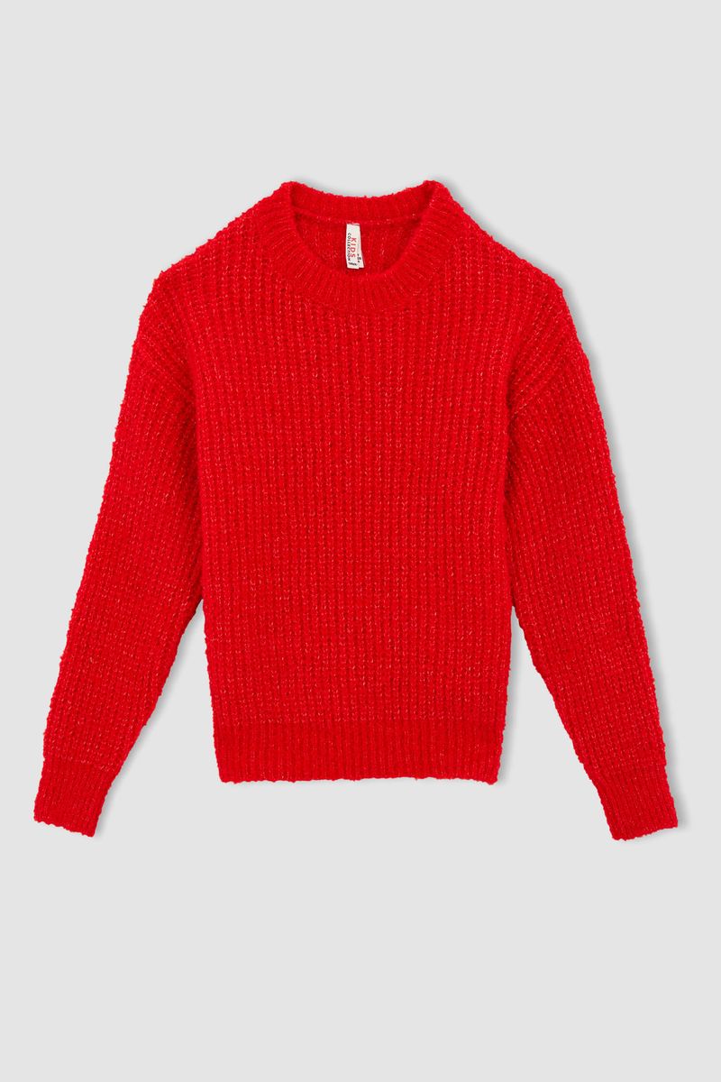 Girl - Regular Fit Crew Neck Tricot Pullover - Red