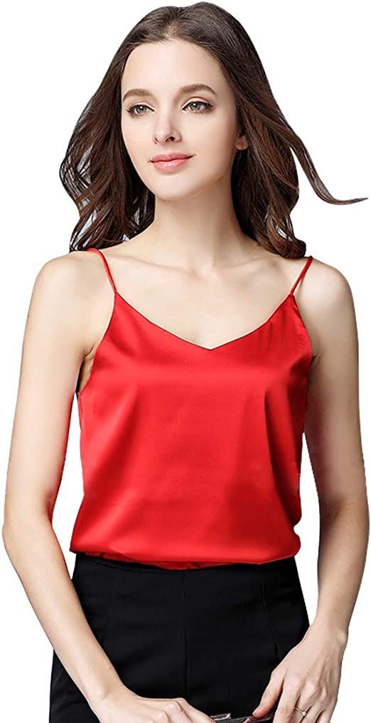 Red V Neck Satin Camisole Silk Top Loose Sleeveless Spaghetti Strap Tank Blouse For Women