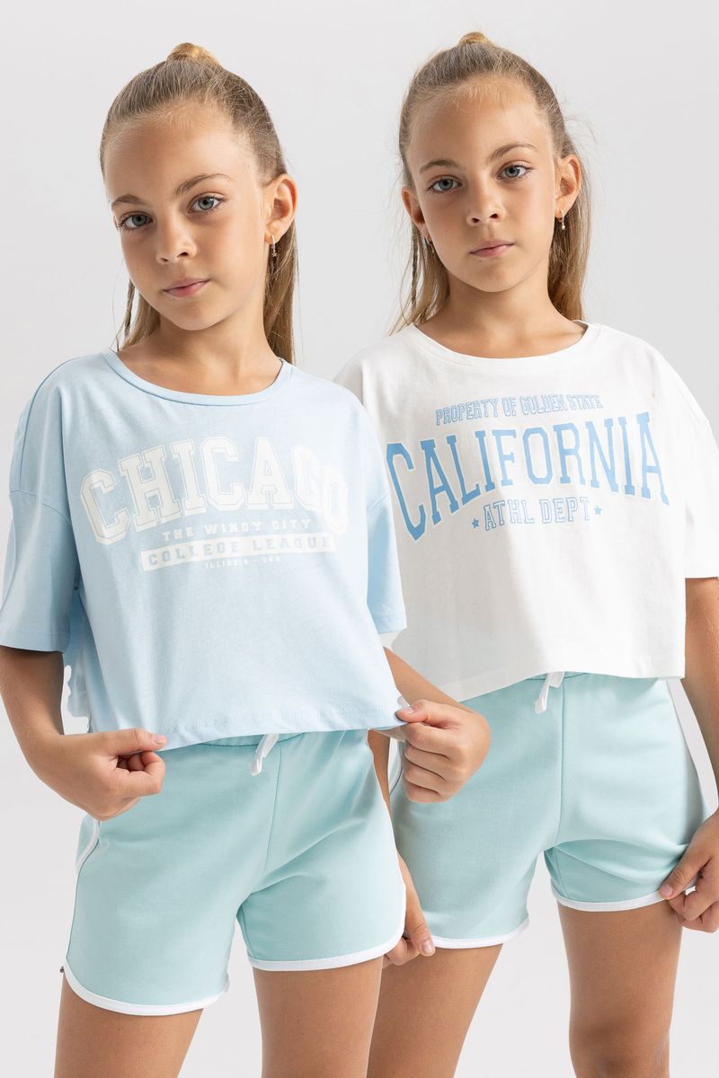 2 Piece Girl Casual Crop-Standart Fit Knitted Short Sleeve Body - Blue