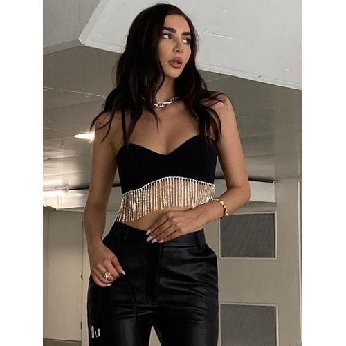 Hugcitar Solid Strap Slip Tassel Drawstrings Revealing Crop Sexy Skinny Camis