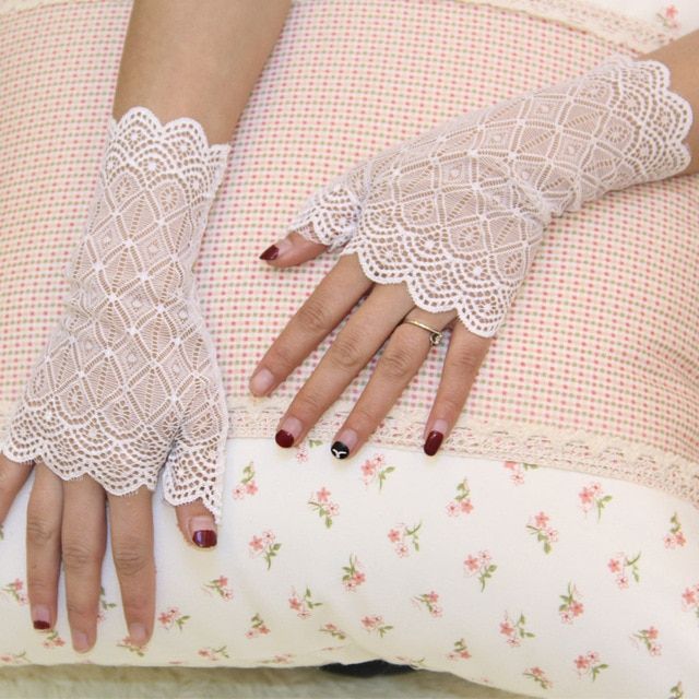 Women Long Fingerless Arm Sleeve Black White Wrist Lace Glo