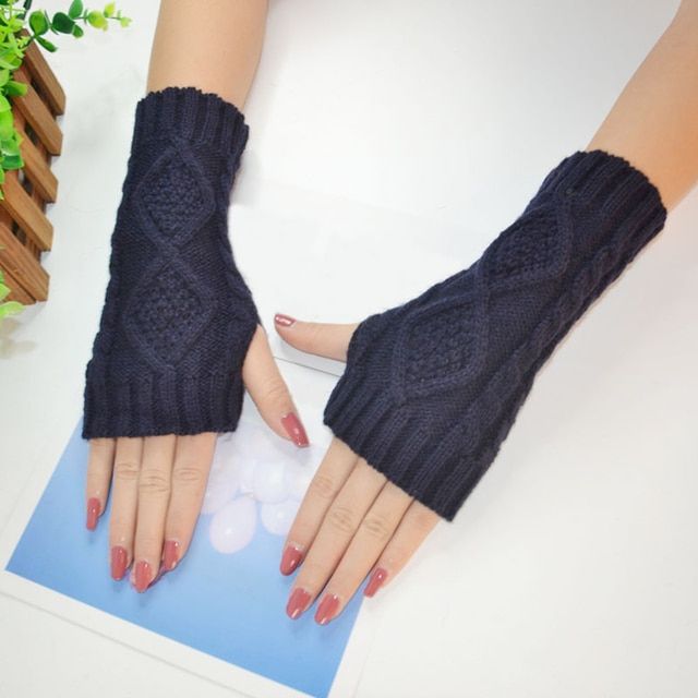 1pair Winter Unisex Rhombic Knitted Fingerless Gloves Arm W