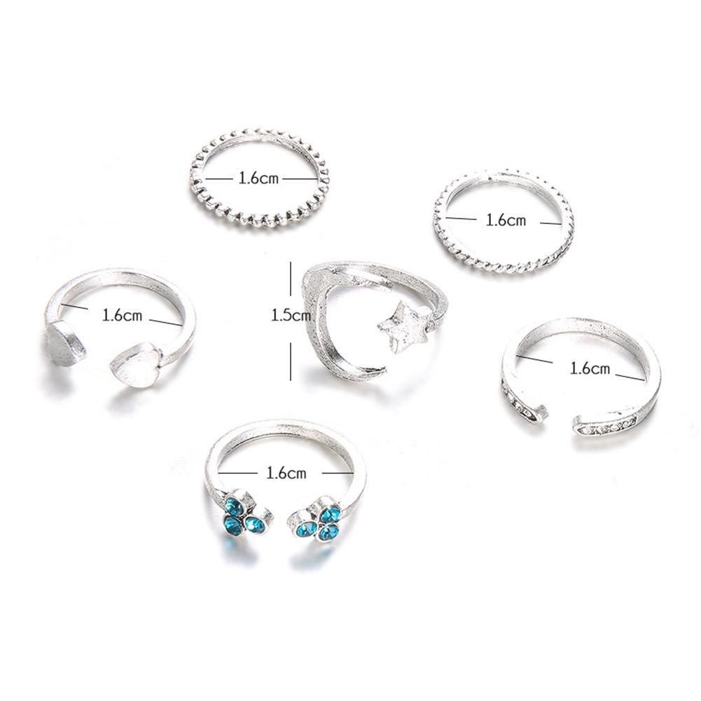 6Pcs Moon Star Heart Open Midi Knuckle Rings Set-Silver