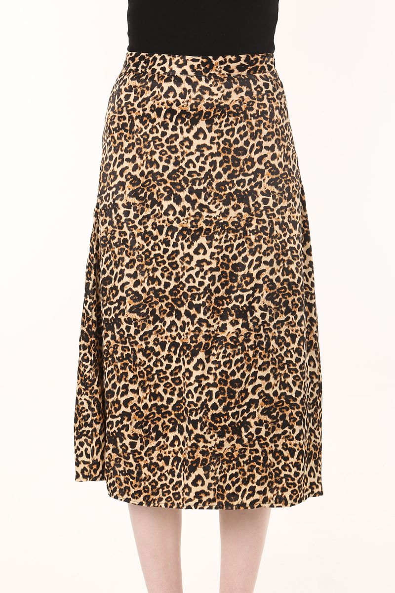 Women Camel Frill Edged Leopard Printed Midi Sateen Skirt
