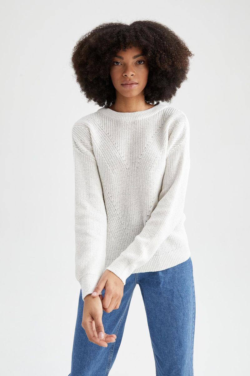 Woman Young Regular Fit Crew Neck Long Sleeve Tricot Pullover - Ecru