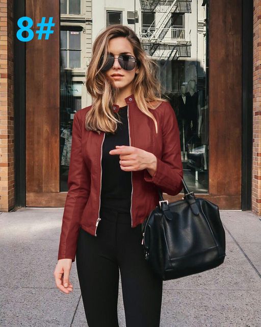 Women Bike Coat PU Leather Outwear Short Thin Female Jacket