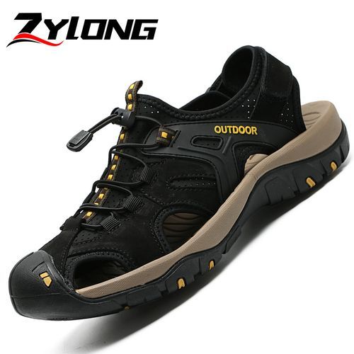 Cow Leather Sandals Men's Summer Shoes Big Size 38-48 Handmade Male Sandals Beach Water Shoes Outdoor Anti-Collision Mountain Trekking Shoes Black