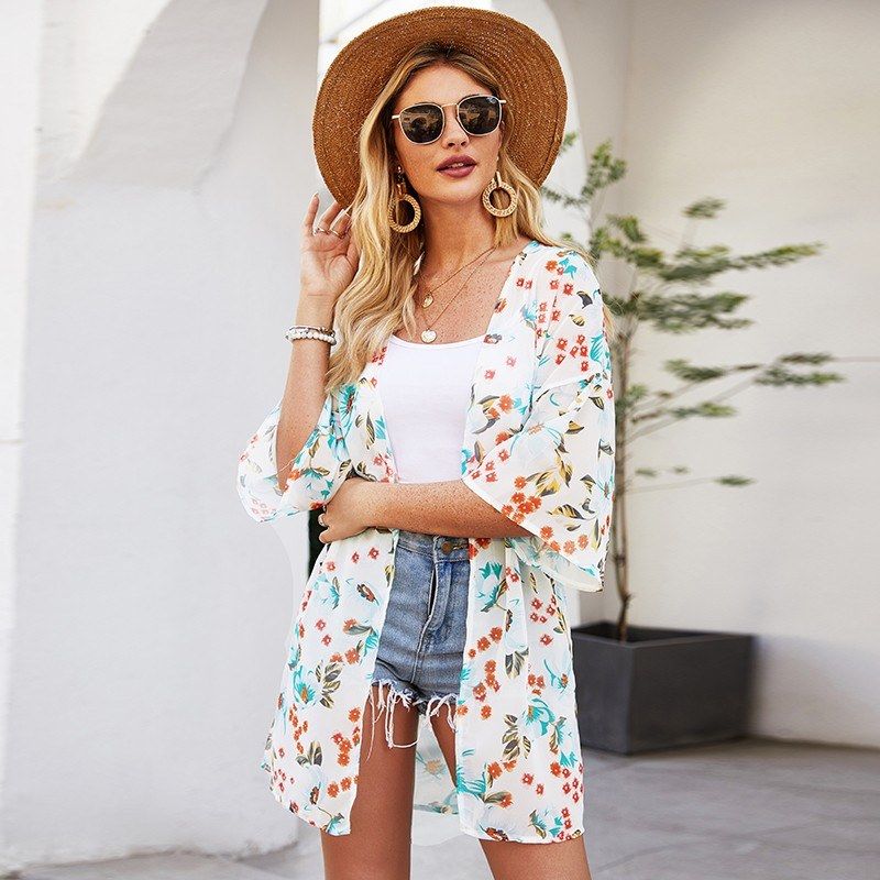 Fashion Women Floral Print Cardigan Half Sleeve Open Front
