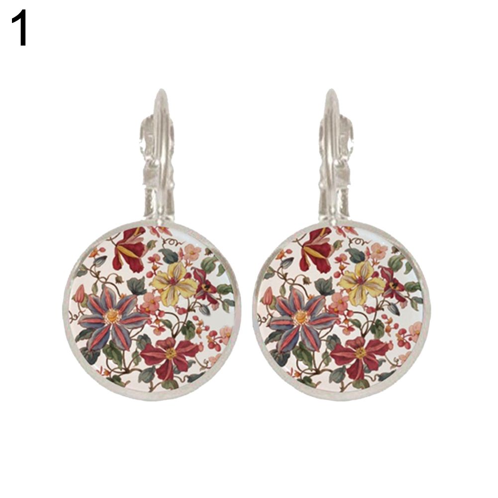 Vintage Flower Printed Round Pendant Women Leverback Earrings Party Jewelry-Silver