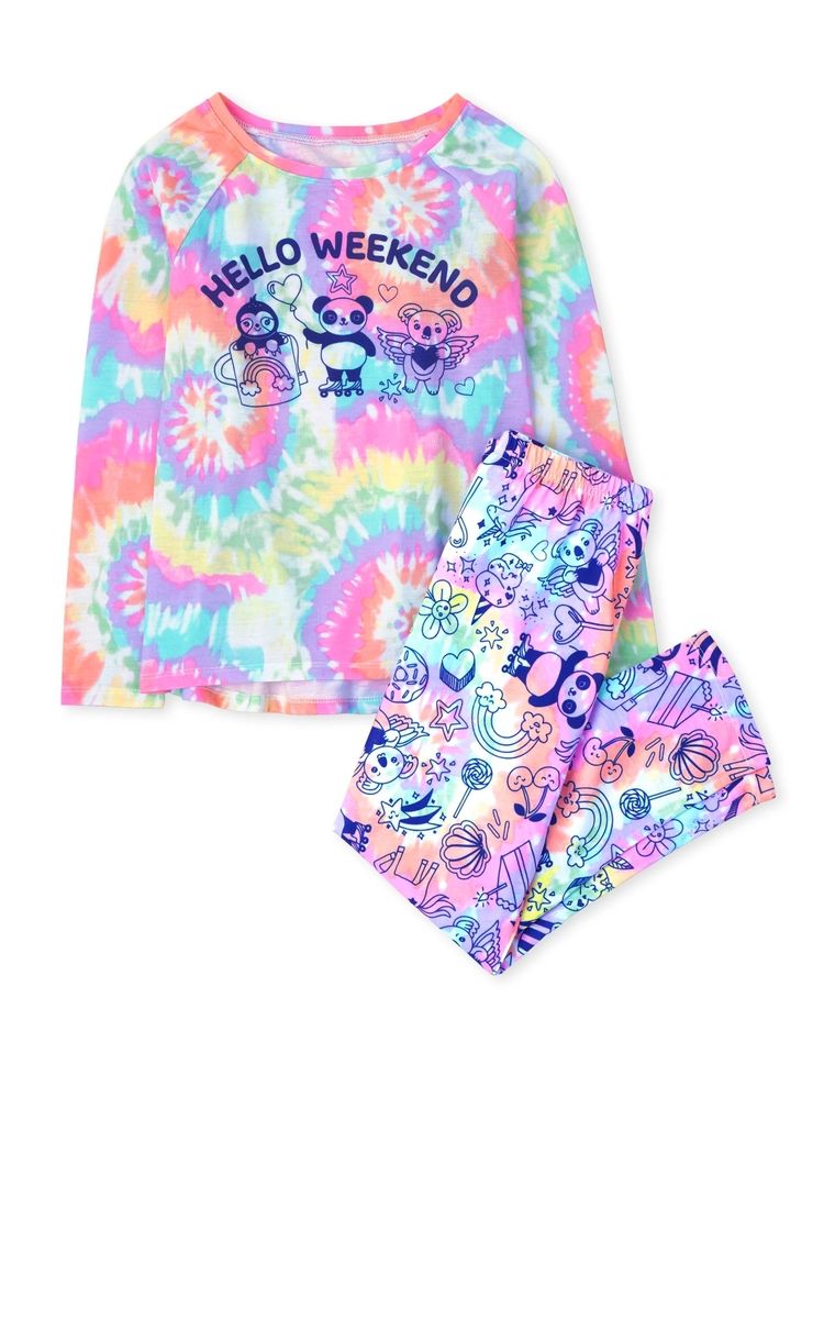 Girls Hello Weekend Unicorn Panda Tie Dye Snug Fit Cotton Pyjamas Sleepwear